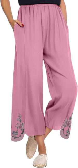 Womens Pants Embroidery Decoration Cotton and Linen Elastic Waist Pants Solid Summer Loose Cropped Wide Leg Trousers
