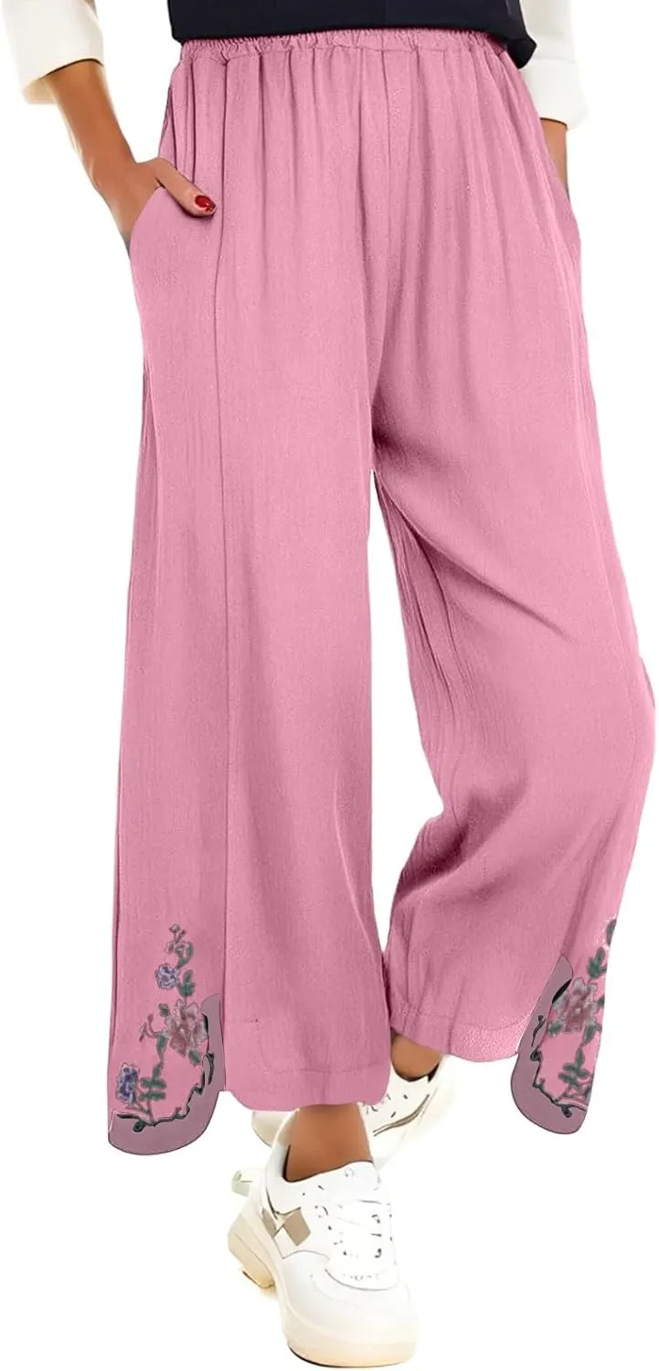 Womens Pants Embroidery Decoration Cotton and Linen Elastic Waist Pants Solid Summer Loose Cropped Wide Leg Trousers