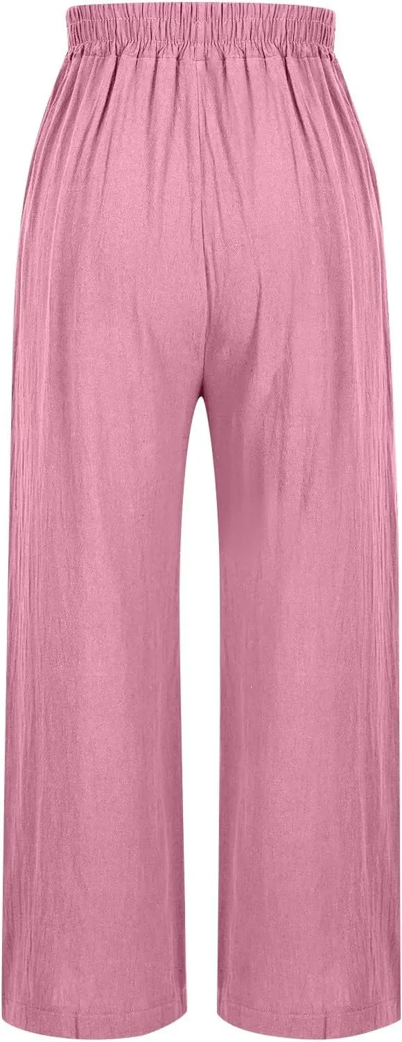 Womens Pants Embroidery Decoration Cotton and Linen Elastic Waist Pants Solid Summer Loose Cropped Wide Leg Trousers