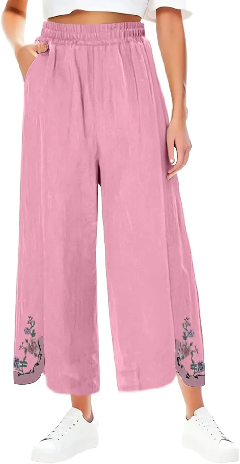 Womens Pants Embroidery Decoration Cotton and Linen Elastic Waist Pants Solid Summer Loose Cropped Wide Leg Trousers