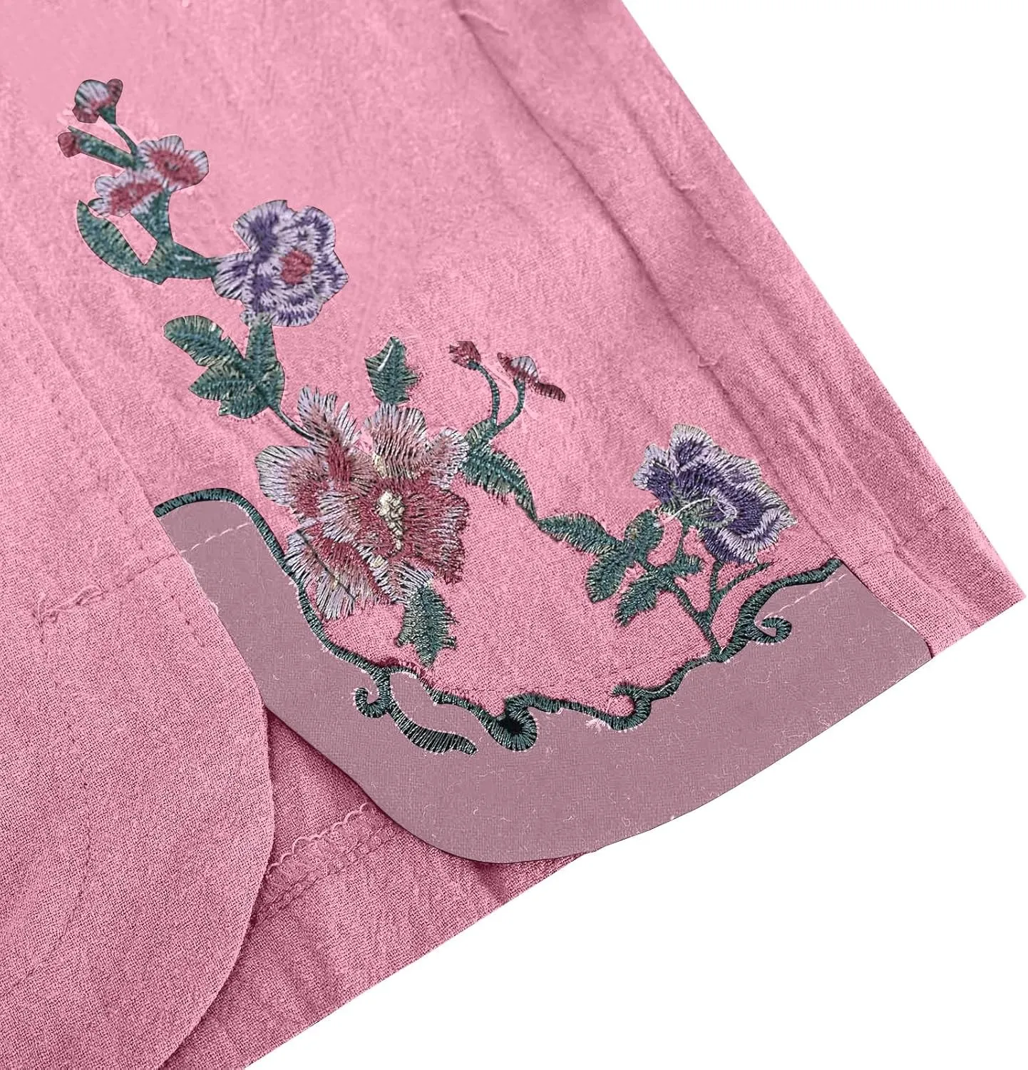 Womens Pants Embroidery Decoration Cotton and Linen Elastic Waist Pants Solid Summer Loose Cropped Wide Leg Trousers