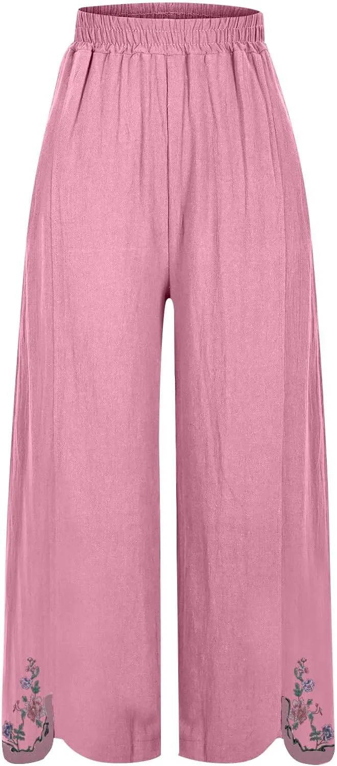 Womens Pants Embroidery Decoration Cotton and Linen Elastic Waist Pants Solid Summer Loose Cropped Wide Leg Trousers