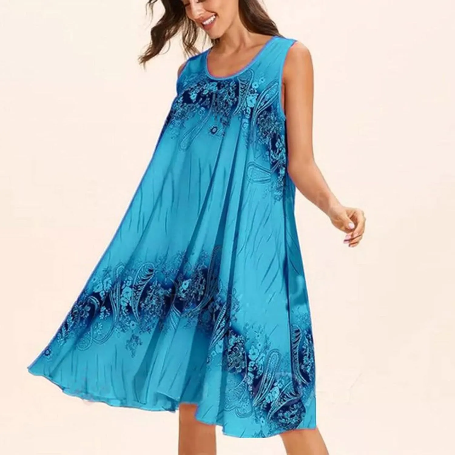 Women's Plus Size Sleeveless Summer Sundresses Swing Floral Swing Casual Midi Dress Beach Loose Flutter Sundress