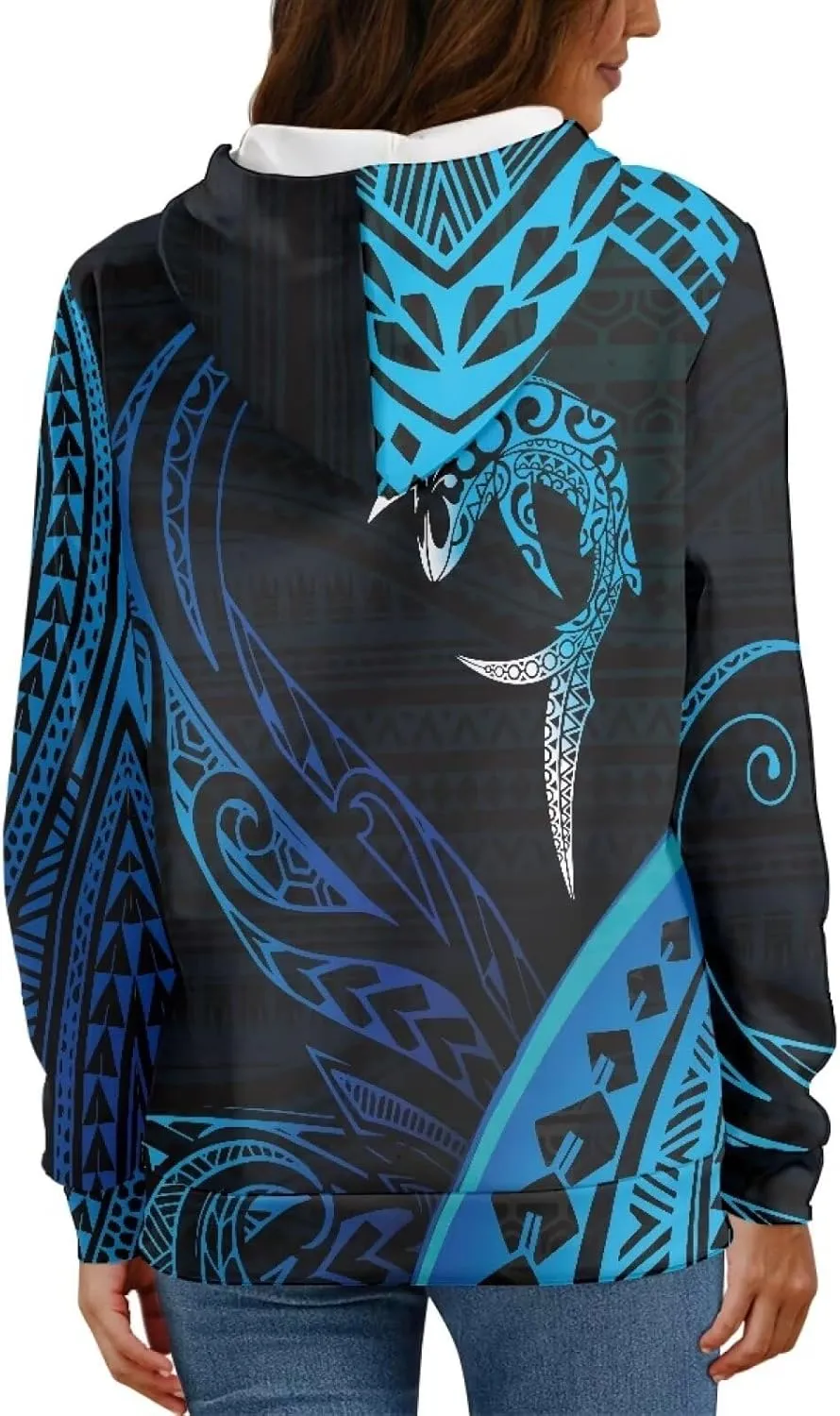 Womens Polynesian Tribal Tattoo Print Hoodies Drawstring Puletasi Tatau Ptaha Pullover Sweatshirt with Pocket