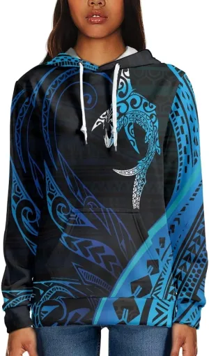 Womens Polynesian Tribal Tattoo Print Hoodies Drawstring Puletasi Tatau Ptaha Pullover Sweatshirt with Pocket