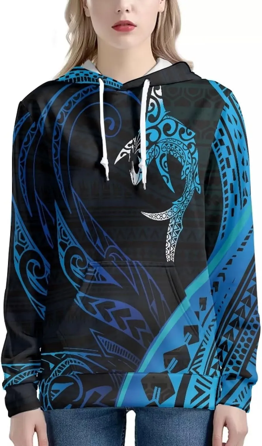 Womens Polynesian Tribal Tattoo Print Hoodies Drawstring Puletasi Tatau Ptaha Pullover Sweatshirt with Pocket