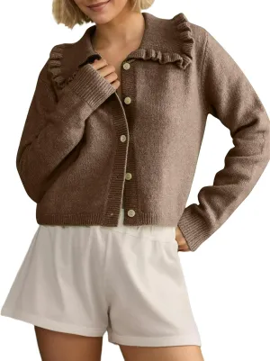 Womens Ruffle Collar Cardigan Sweater Button Up Open Front Fall Knit Jackets Cute Long Sleeve Button Down Cardigans