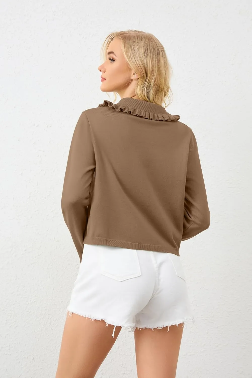 Womens Ruffle Collar Cardigan Sweater Button Up Open Front Fall Knit Jackets Cute Long Sleeve Button Down Cardigans