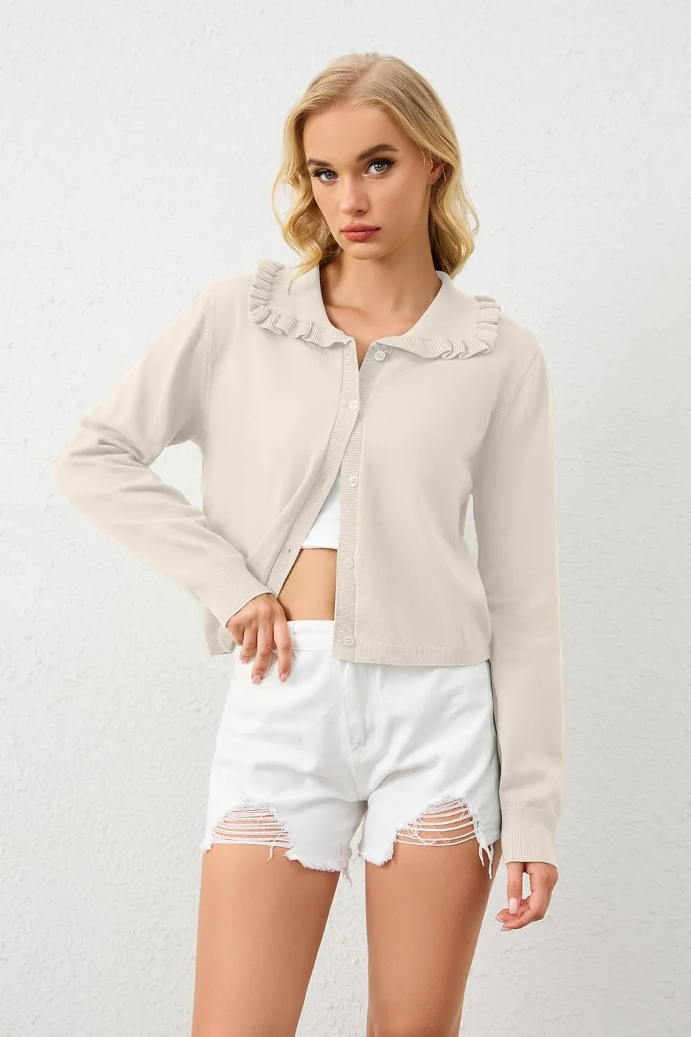 Womens Ruffle Collar Cardigan Sweater Button Up Open Front Fall Knit Jackets Cute Long Sleeve Button Down Cardigans