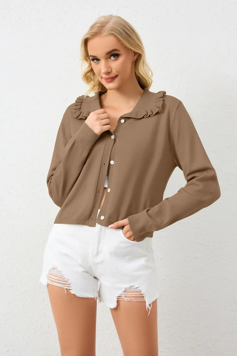 Womens Ruffle Collar Cardigan Sweater Button Up Open Front Fall Knit Jackets Cute Long Sleeve Button Down Cardigans