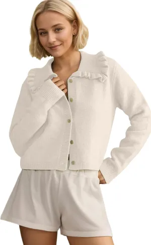 Womens Ruffle Collar Cardigan Sweater Button Up Open Front Fall Knit Jackets Cute Long Sleeve Button Down Cardigans