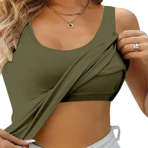 Women's Seamless Tank Tops Built in Bra No Pads Slim Fit Scoop Neck Long Camisoles Top Workout Yoga Sleeveless Shirts