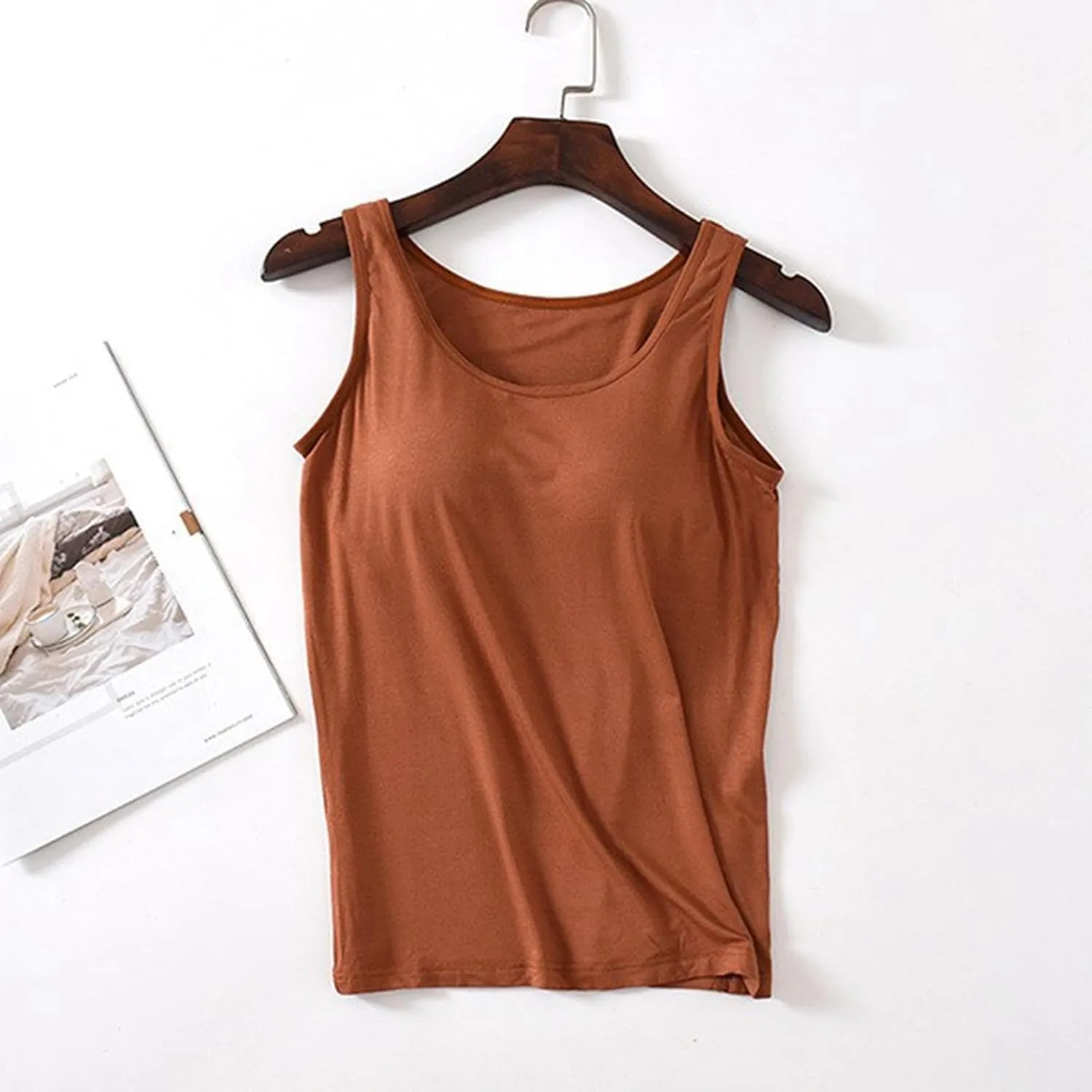 Women's Seamless Tank Tops Built in Bra No Pads Slim Fit Scoop Neck Long Camisoles Top Workout Yoga Sleeveless Shirts