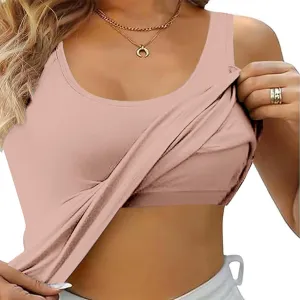 Women's Seamless Tank Tops Built in Bra No Pads Slim Fit Scoop Neck Long Camisoles Top Workout Yoga Sleeveless Shirts