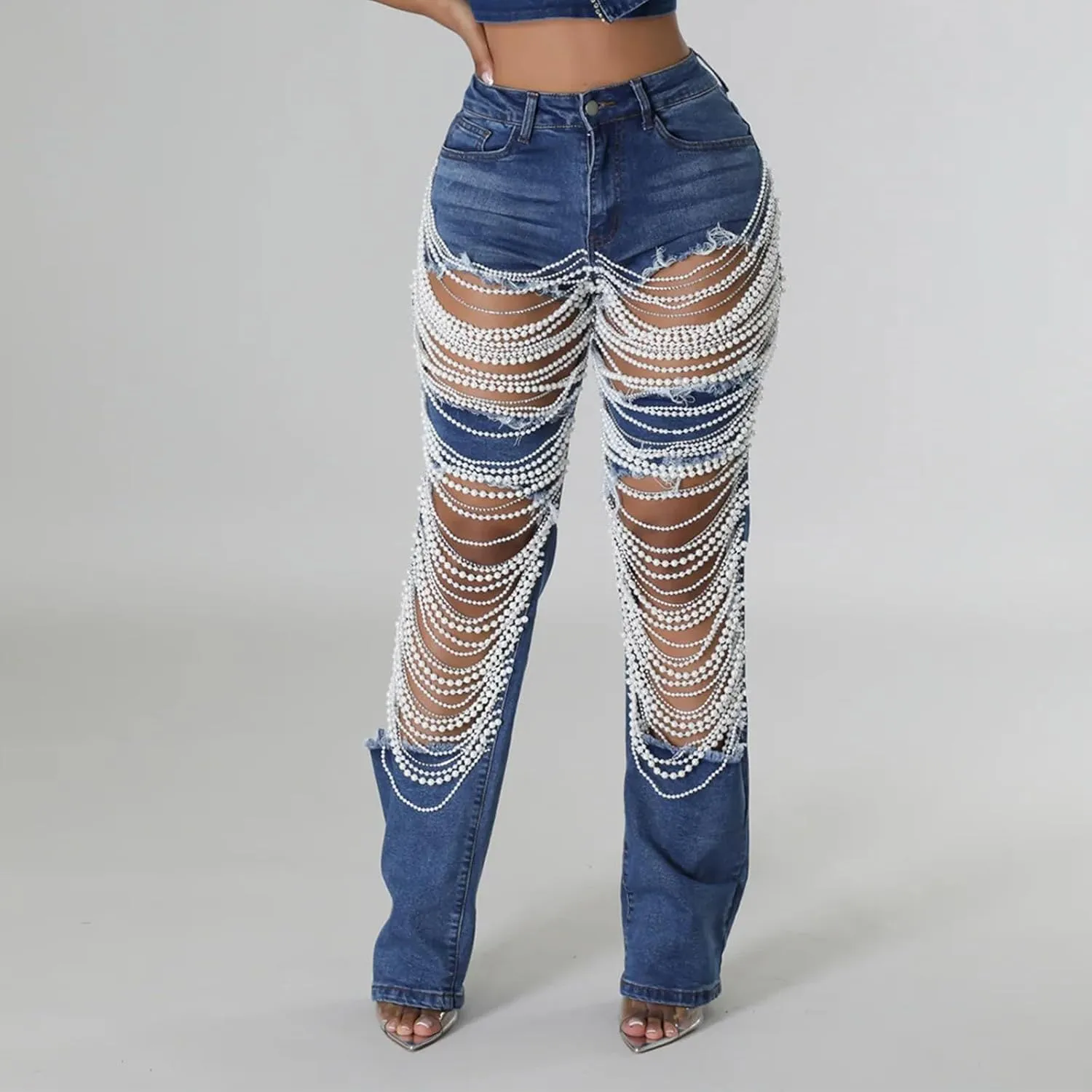 Womens Sexy Ripped Jeans High Waisted Rhinestones Pearl Chains Distressed Clubwear Denim Pants Fashion Streetwear