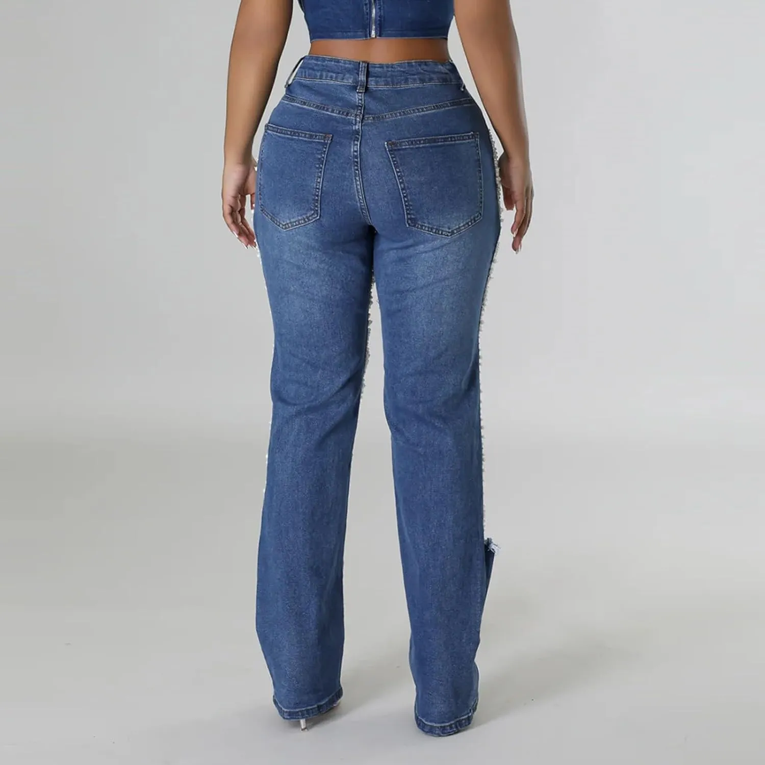 Womens Sexy Ripped Jeans High Waisted Rhinestones Pearl Chains Distressed Clubwear Denim Pants Fashion Streetwear