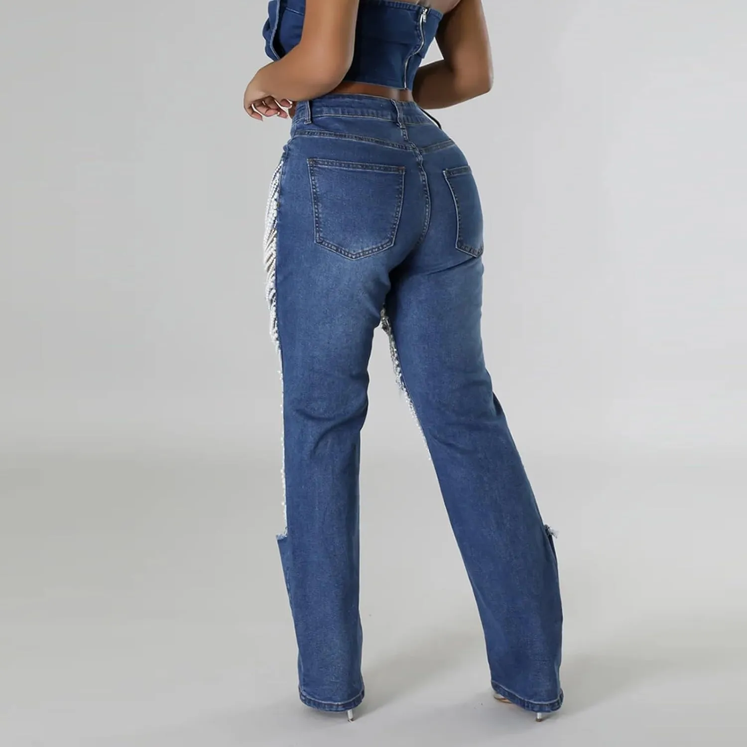 Womens Sexy Ripped Jeans High Waisted Rhinestones Pearl Chains Distressed Clubwear Denim Pants Fashion Streetwear