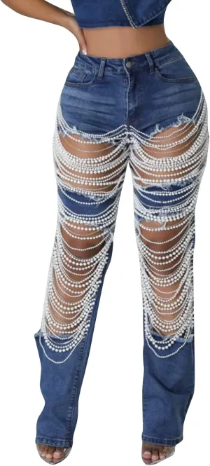 Womens Sexy Ripped Jeans High Waisted Rhinestones Pearl Chains Distressed Clubwear Denim Pants Fashion Streetwear