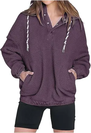 Womens Sherpa Fuzzy Fleece Hoodie Oversized Sweatshirt Cozy Button V Neck Pullover Top with Pocket 2024 Winter Trendy