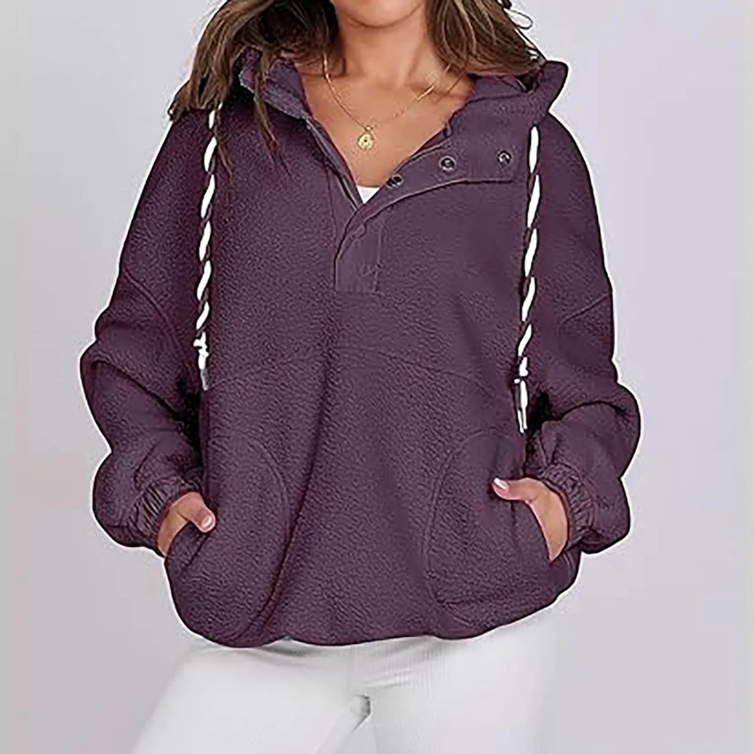 Womens Sherpa Fuzzy Fleece Hoodie Oversized Sweatshirt Cozy Button V Neck Pullover Top with Pocket 2024 Winter Trendy