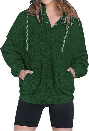Womens Sherpa Fuzzy Fleece Hoodie Oversized Sweatshirt Cozy Button V Neck Pullover Top with Pocket 2024 Winter Trendy