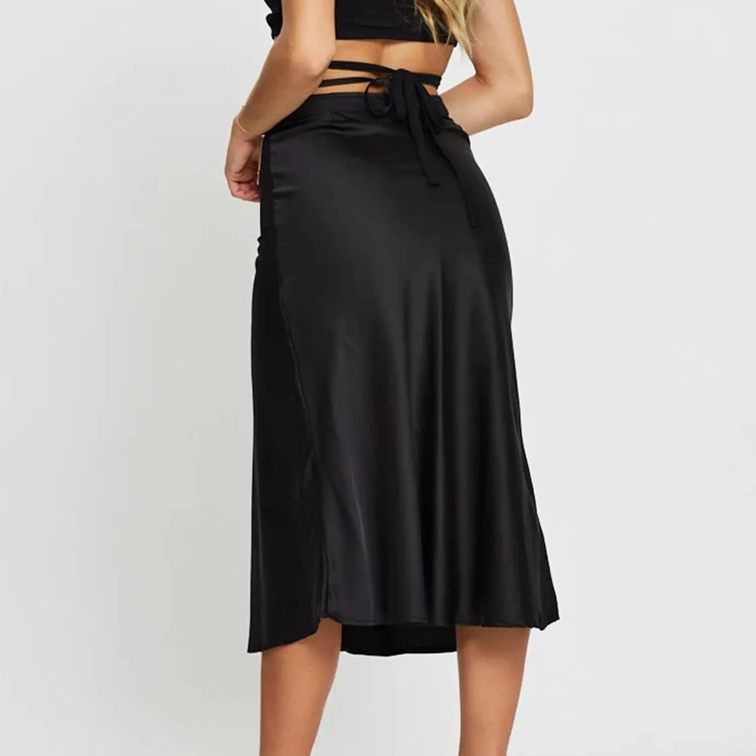 Womens Skirts Midi Length Sexy Lace up Navel Zipper Skirt Hip-Wrapped A-Line Swing Skirts Solid Color Silk Skirt