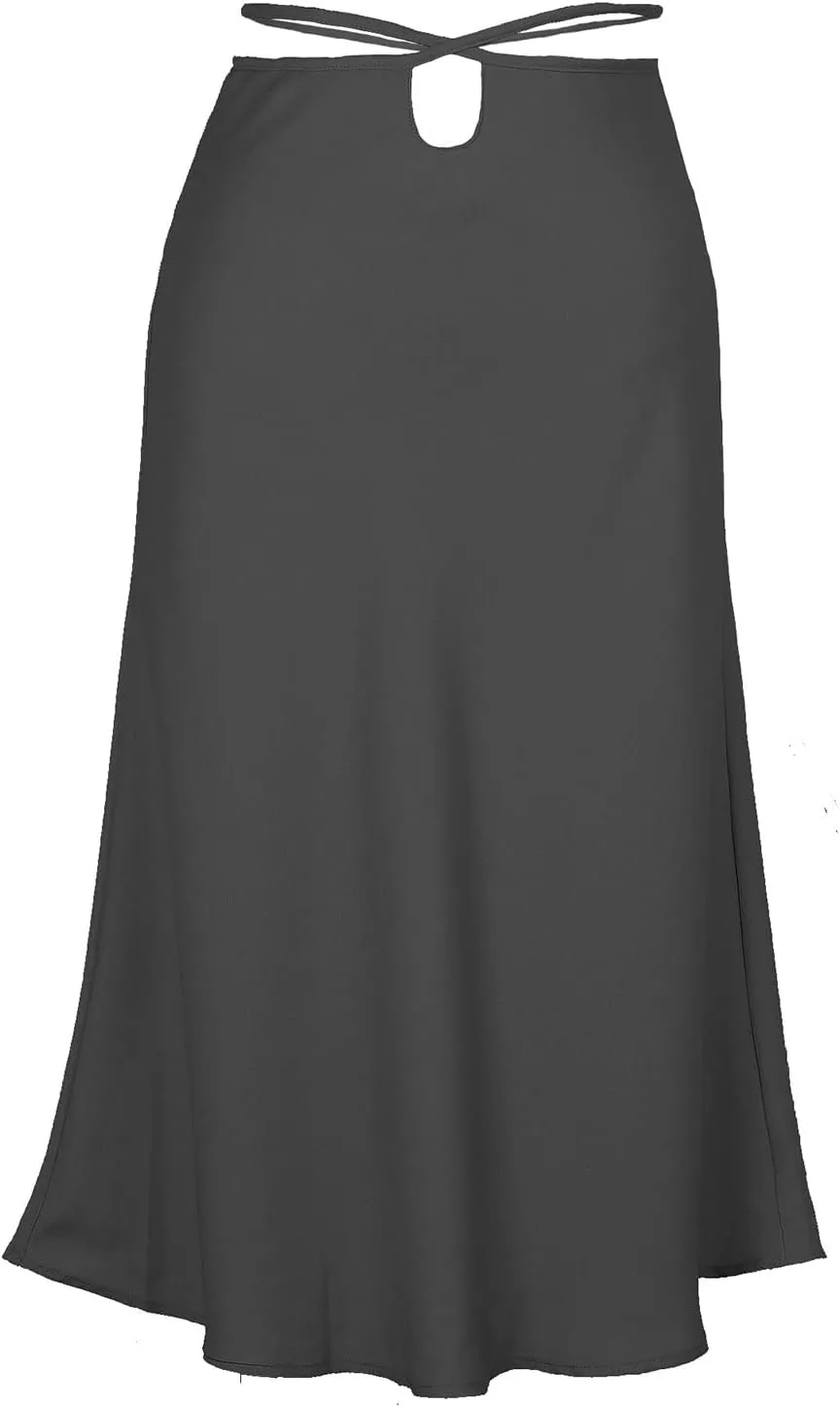 Womens Skirts Midi Length Sexy Lace up Navel Zipper Skirt Hip-Wrapped A-Line Swing Skirts Solid Color Silk Skirt