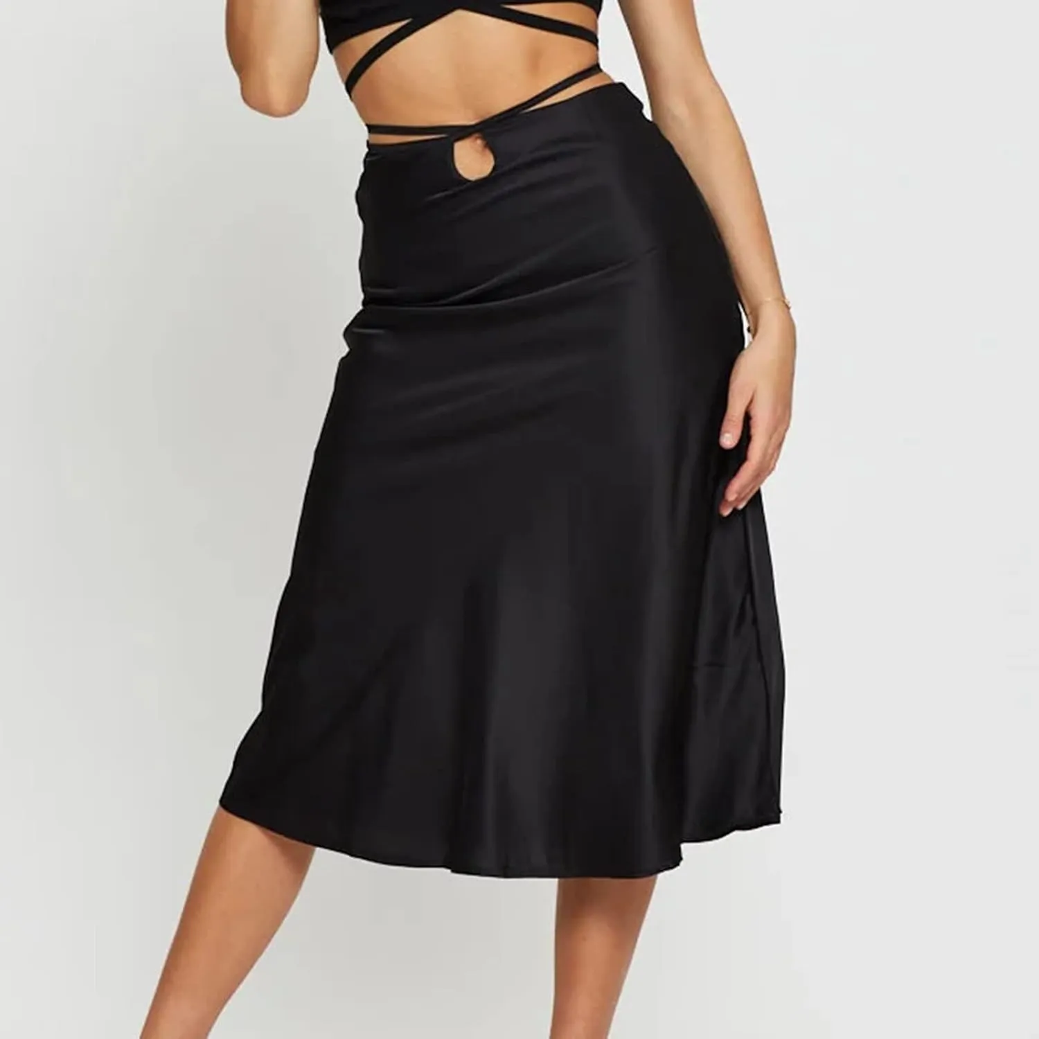 Womens Skirts Midi Length Sexy Lace up Navel Zipper Skirt Hip-Wrapped A-Line Swing Skirts Solid Color Silk Skirt
