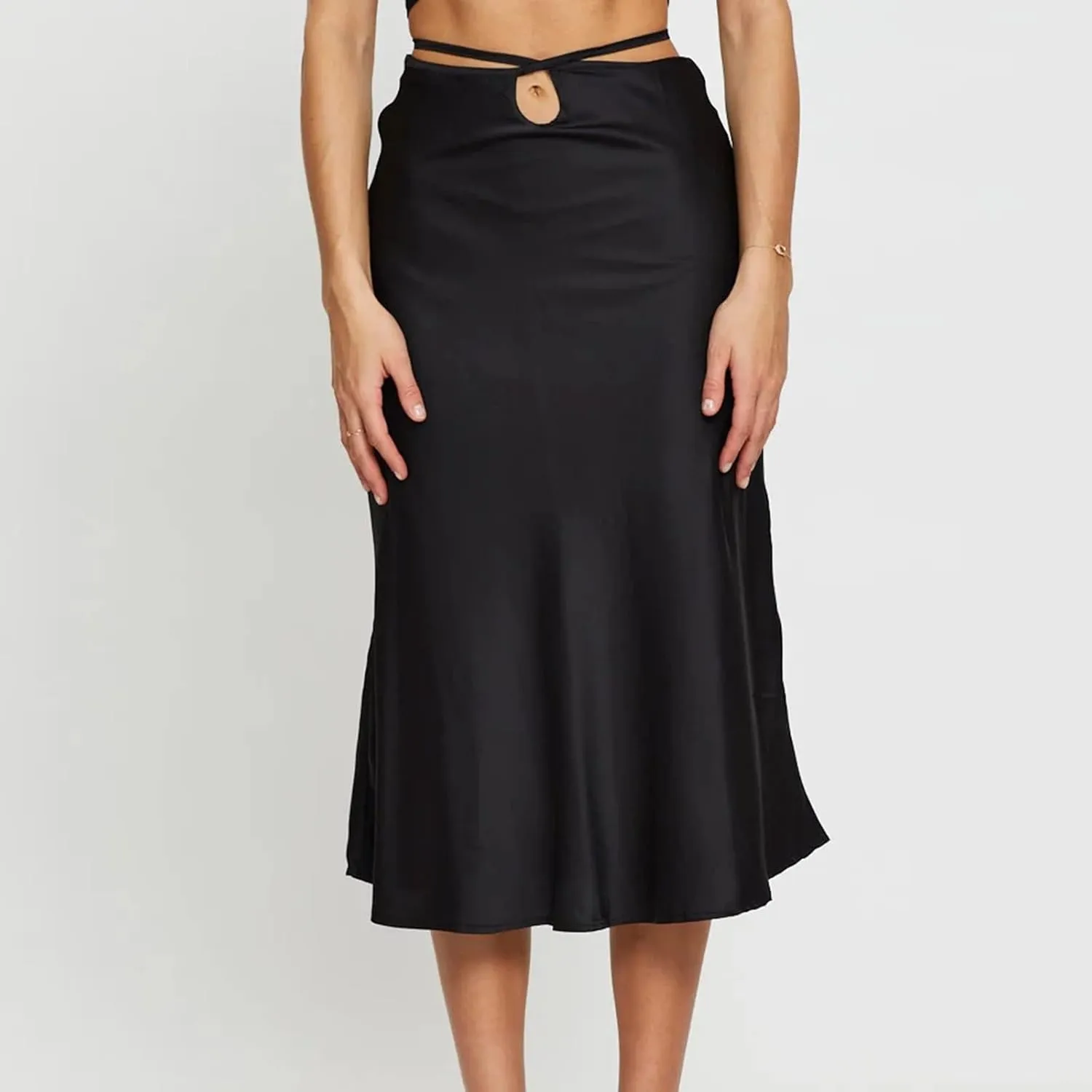 Womens Skirts Midi Length Sexy Lace up Navel Zipper Skirt Hip-Wrapped A-Line Swing Skirts Solid Color Silk Skirt