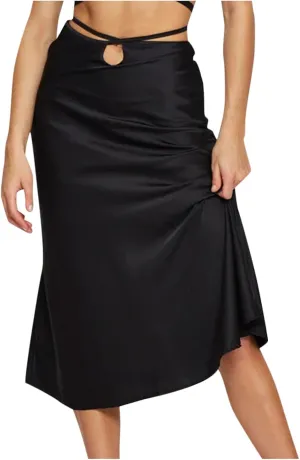 Womens Skirts Midi Length Sexy Lace up Navel Zipper Skirt Hip-Wrapped A-Line Swing Skirts Solid Color Silk Skirt