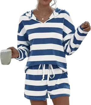Women's Striped 2 Piece Outfits Long Sleeve Sweatsuits Hoodies with Short Pant Matching Sets for 2025 Spring Fashion
