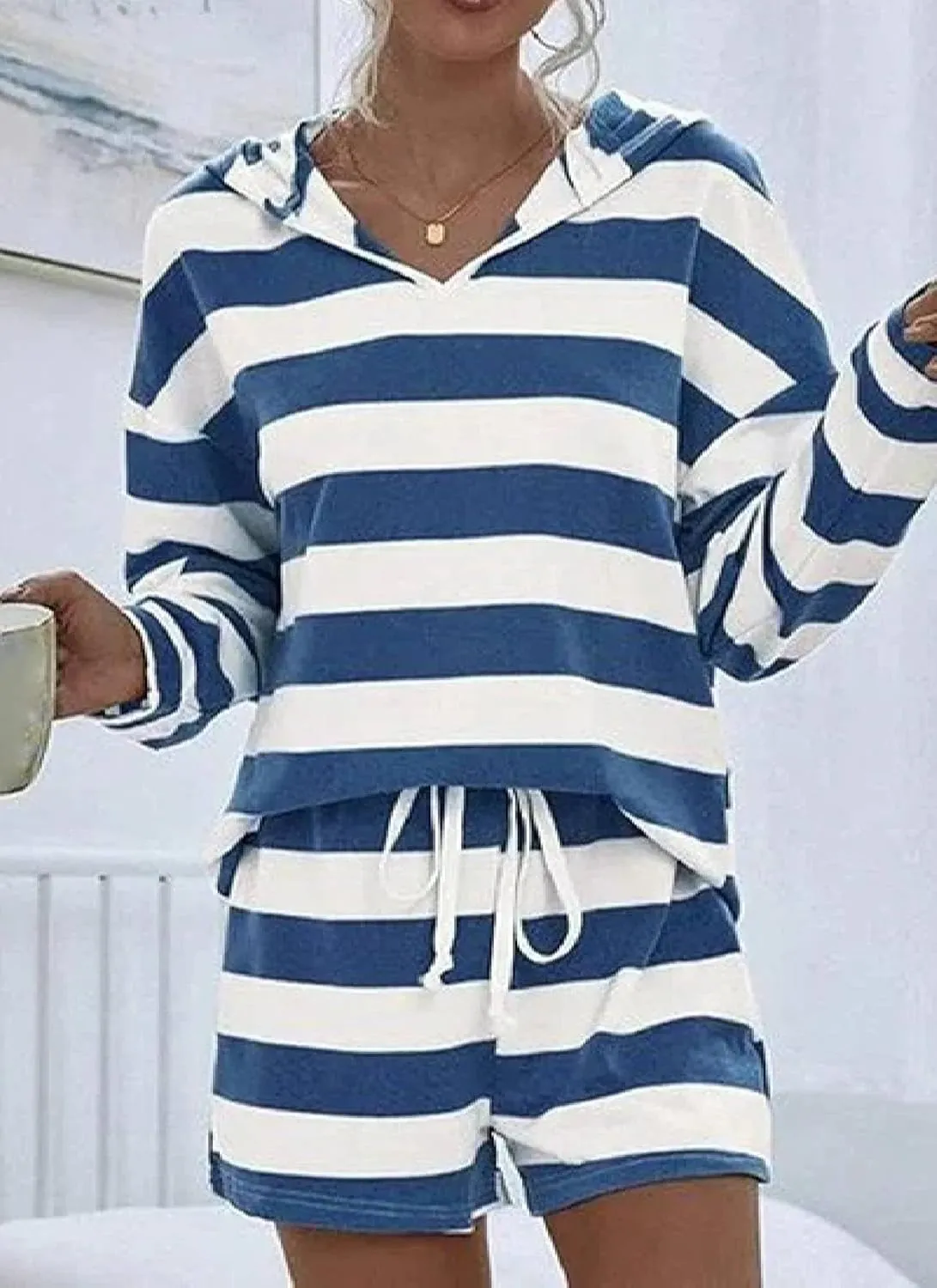 Women's Striped 2 Piece Outfits Long Sleeve Sweatsuits Hoodies with Short Pant Matching Sets for 2025 Spring Fashion