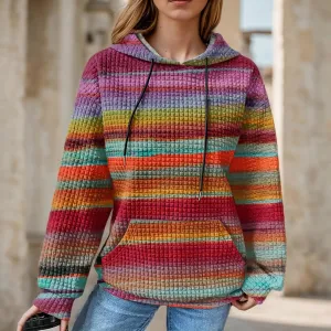 Women's Striped Oversized Hoodies Rainbow Waffle Knit Drawstring Pullover Sweatshirts Color Block Hooded Sweatshirt