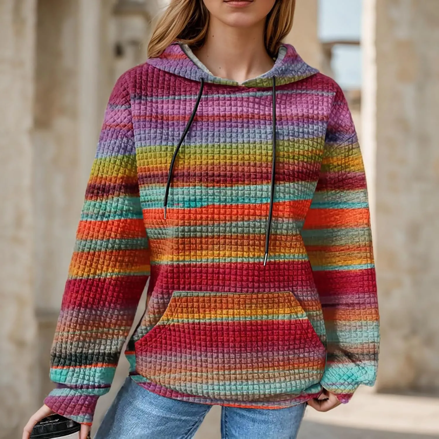 Women's Striped Oversized Hoodies Rainbow Waffle Knit Drawstring Pullover Sweatshirts Color Block Hooded Sweatshirt