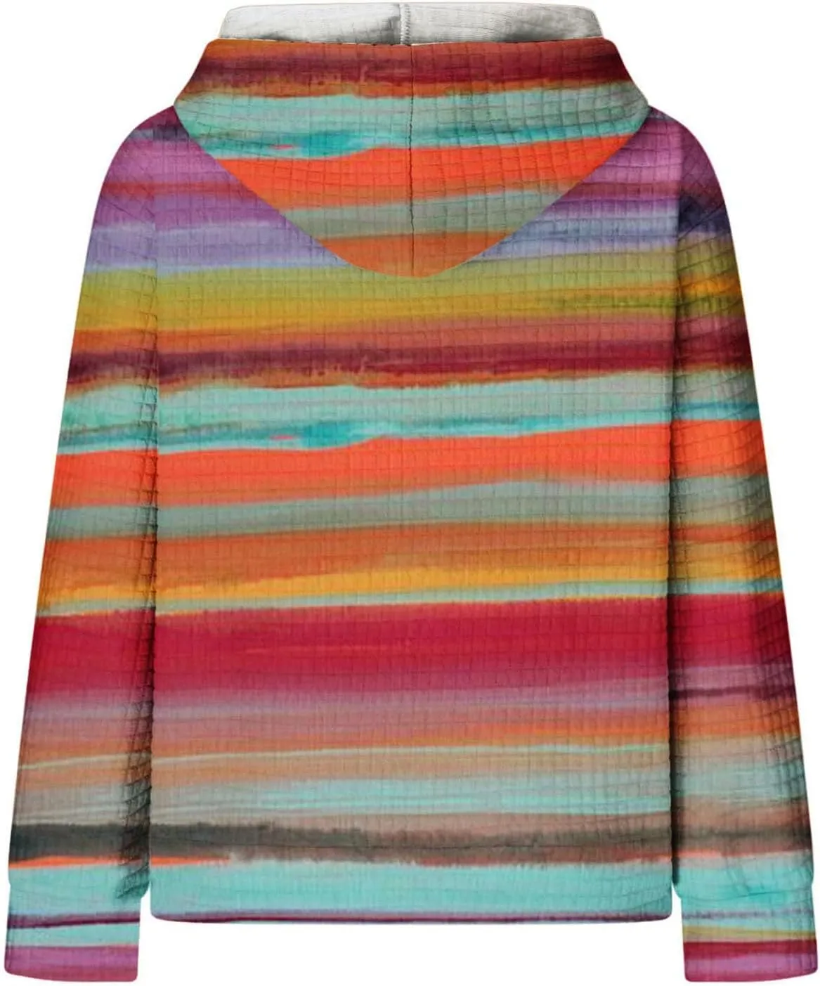 Women's Striped Oversized Hoodies Rainbow Waffle Knit Drawstring Pullover Sweatshirts Color Block Hooded Sweatshirt