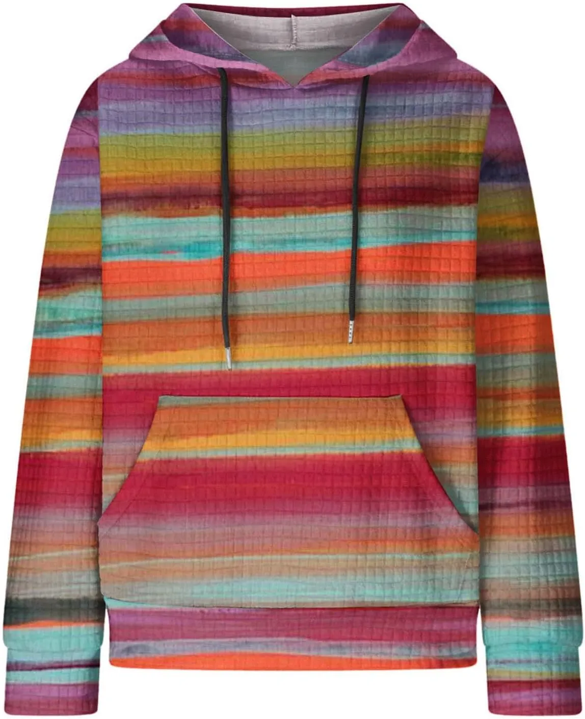 Women's Striped Oversized Hoodies Rainbow Waffle Knit Drawstring Pullover Sweatshirts Color Block Hooded Sweatshirt
