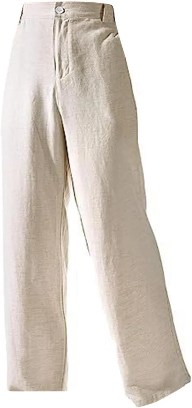 Womens Summer Casual Linen Trousers High Waisted Slim Fit Straight Leg Long Trousers Solid Color Beach Yoga Pants with Button