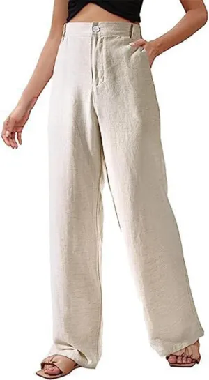 Womens Summer Casual Linen Trousers High Waisted Slim Fit Straight Leg Long Trousers Solid Color Beach Yoga Pants with Button