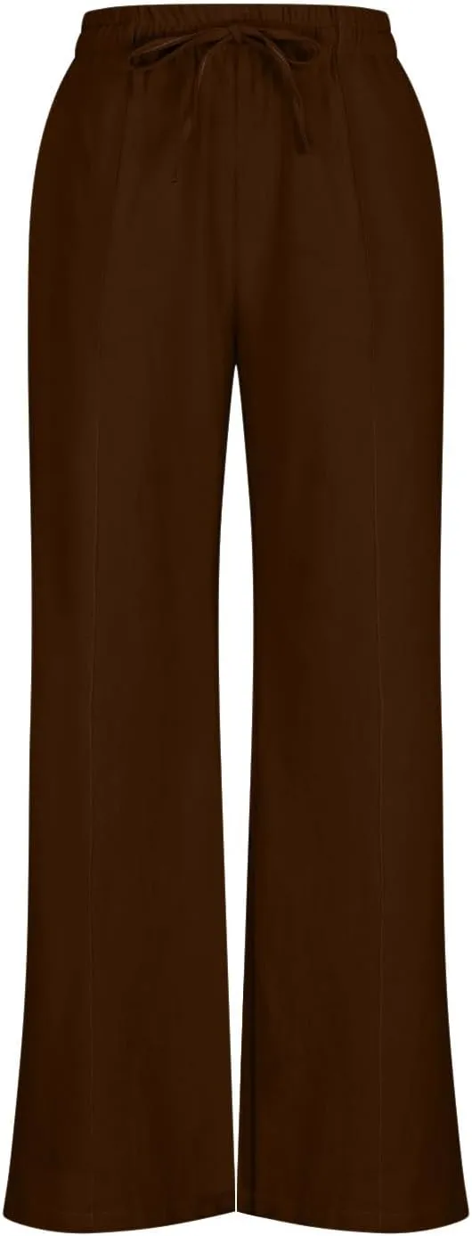 Women's Summer Casual Solid Color Cotton Linen Trousers Drawstring Elastic High Waist Wide Leg Pants with 4 Pockets