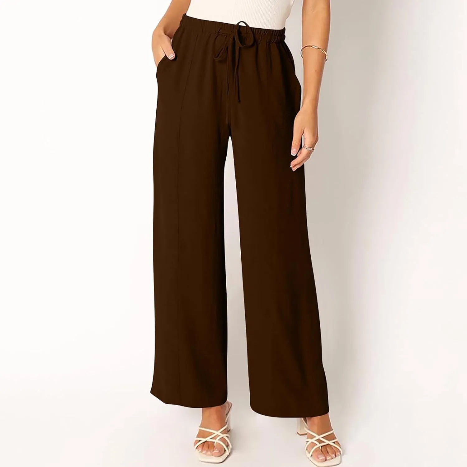 Women's Summer Casual Solid Color Cotton Linen Trousers Drawstring Elastic High Waist Wide Leg Pants with 4 Pockets