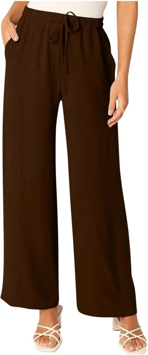 Women's Summer Casual Solid Color Cotton Linen Trousers Drawstring Elastic High Waist Wide Leg Pants with 4 Pockets