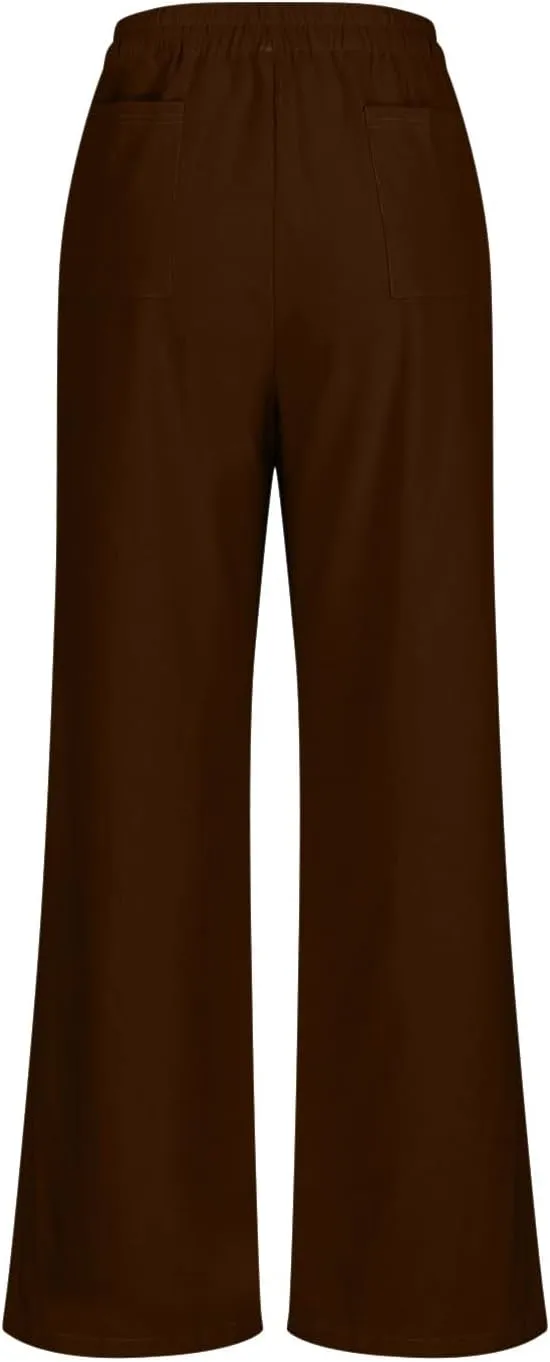 Women's Summer Casual Solid Color Cotton Linen Trousers Drawstring Elastic High Waist Wide Leg Pants with 4 Pockets