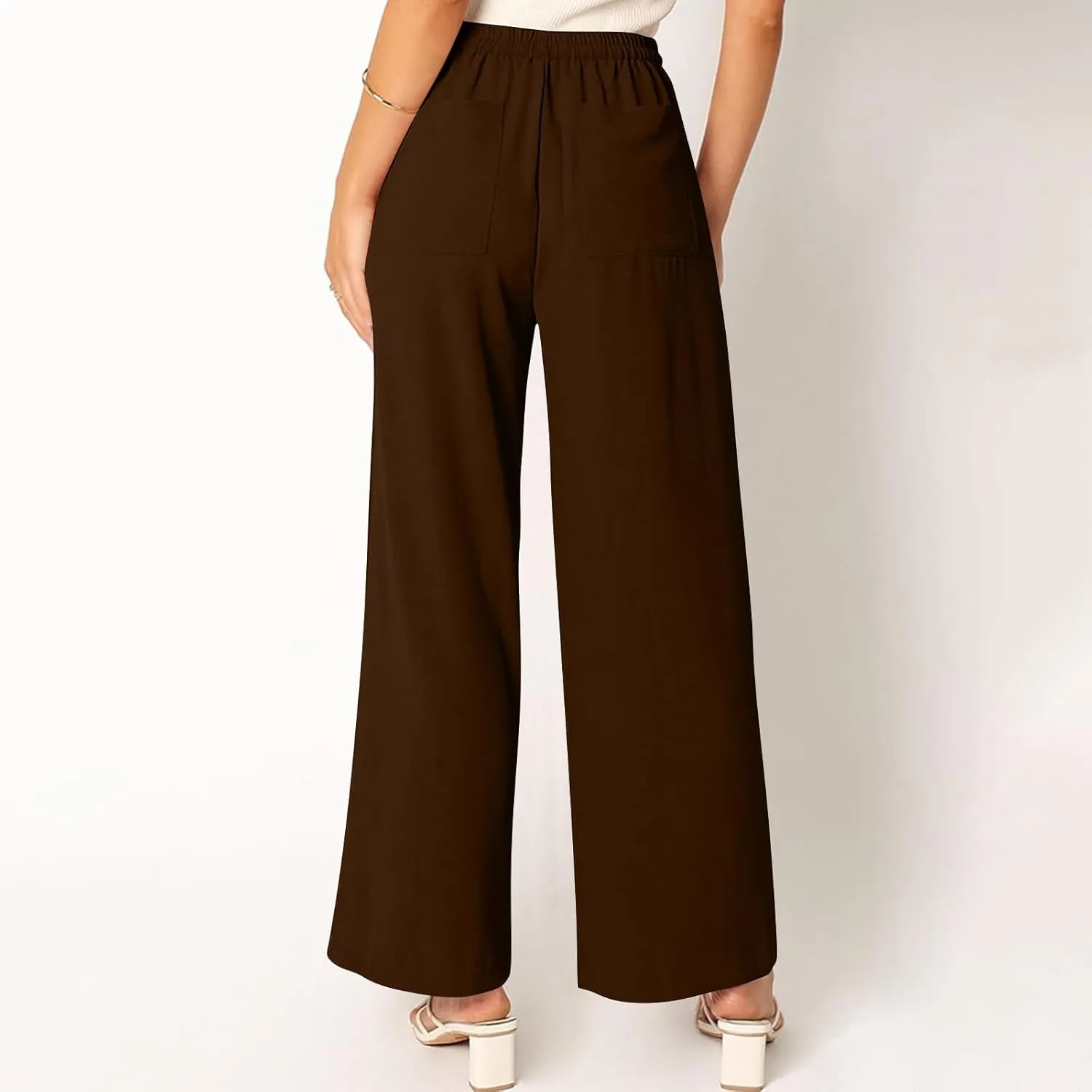 Women's Summer Casual Solid Color Cotton Linen Trousers Drawstring Elastic High Waist Wide Leg Pants with 4 Pockets
