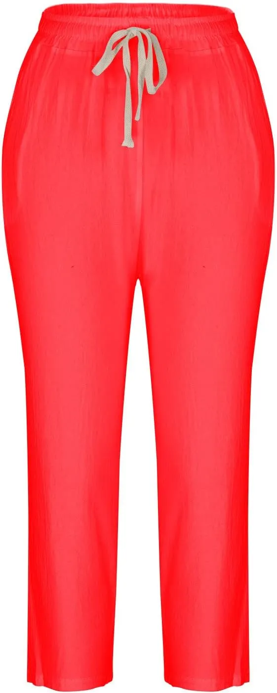 Women's Summer Cotton Linen Pants High Waist Wide Leg Loose Drawstring Pants Casual Solid Trousers with Pockets