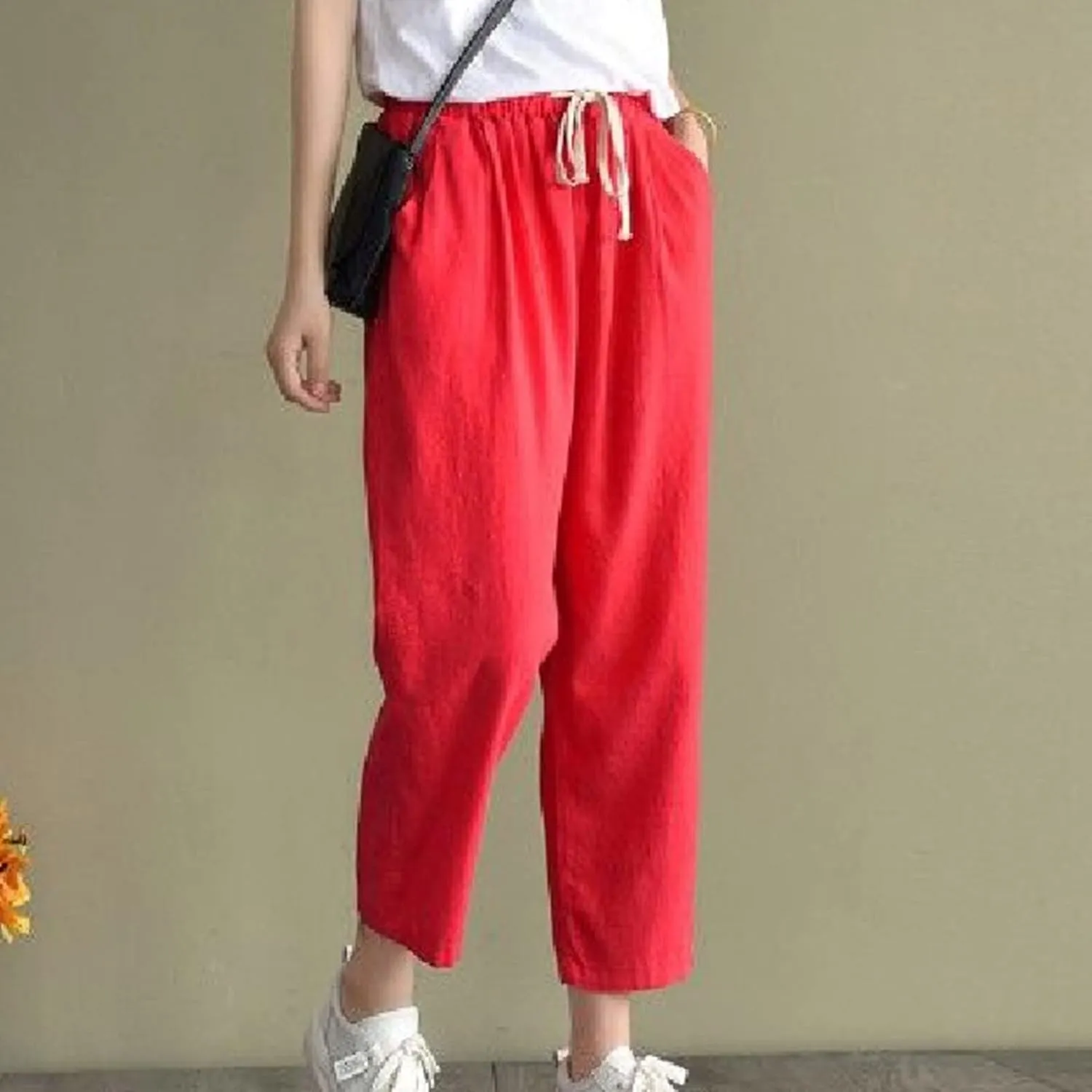 Women's Summer Cotton Linen Pants High Waist Wide Leg Loose Drawstring Pants Casual Solid Trousers with Pockets