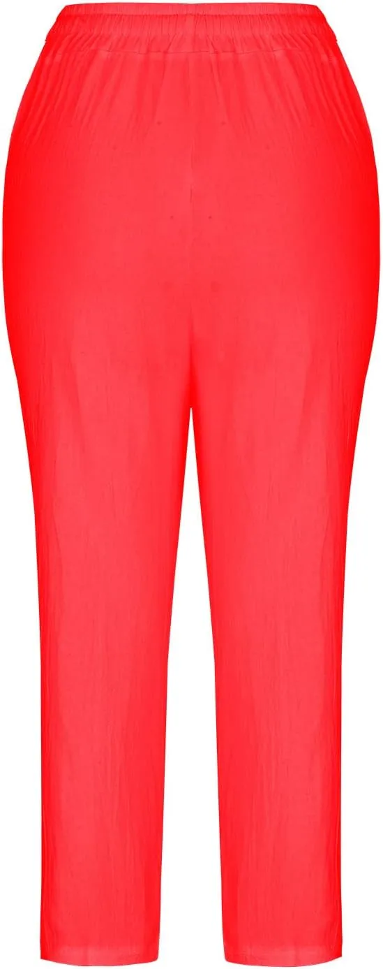 Women's Summer Cotton Linen Pants High Waist Wide Leg Loose Drawstring Pants Casual Solid Trousers with Pockets