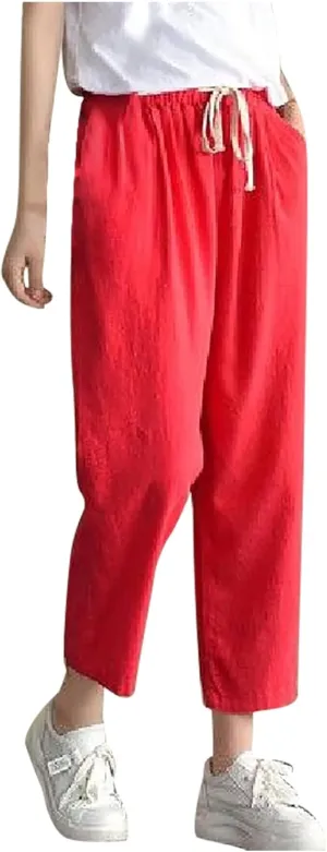 Women's Summer Cotton Linen Pants High Waist Wide Leg Loose Drawstring Pants Casual Solid Trousers with Pockets