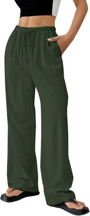 Womens Summer Gauze Pants Drawstring Waist Flowy Wide Leg Beach Trousers Loose Cotton Linen Palazzo Pant with Pockets