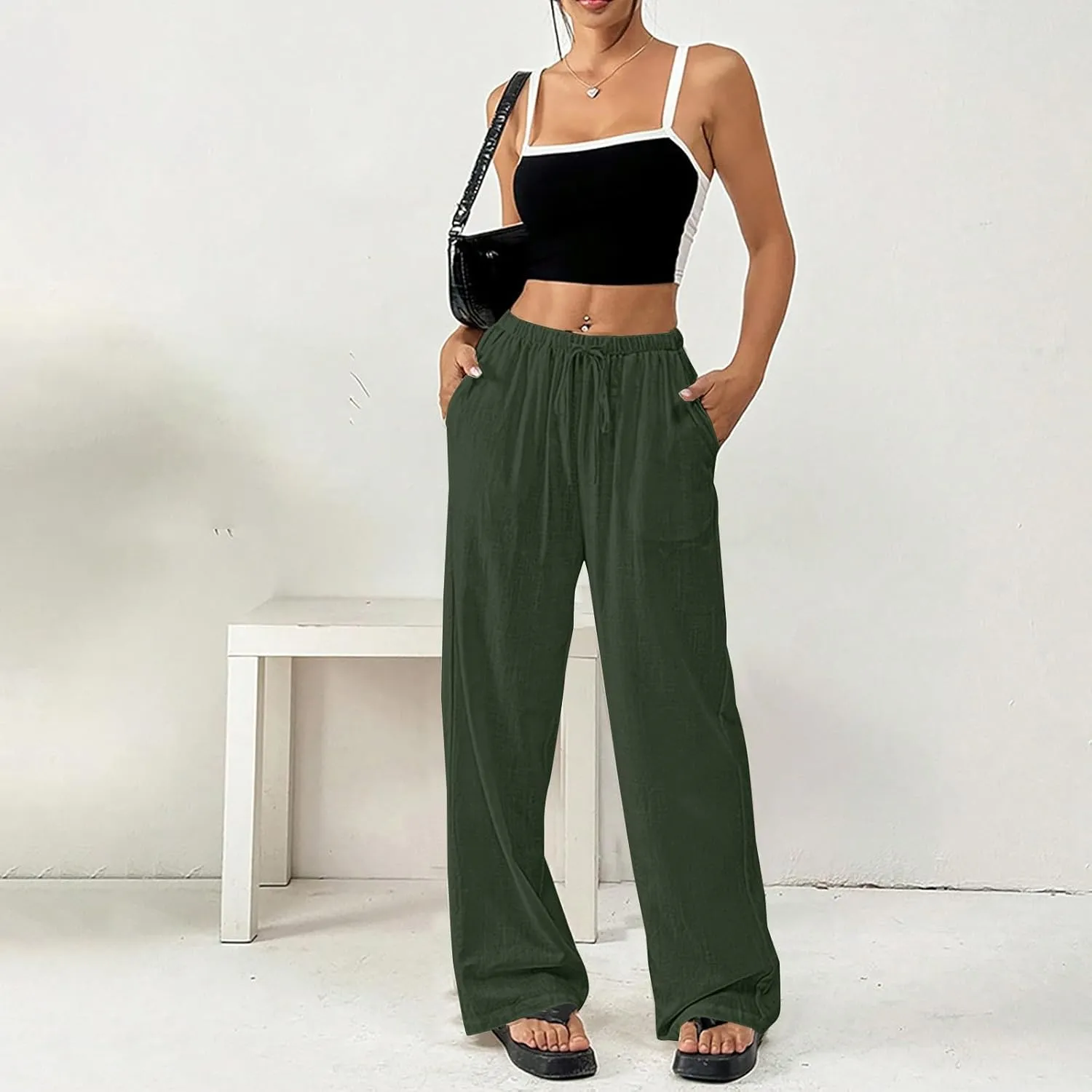 Womens Summer Gauze Pants Drawstring Waist Flowy Wide Leg Beach Trousers Loose Cotton Linen Palazzo Pant with Pockets