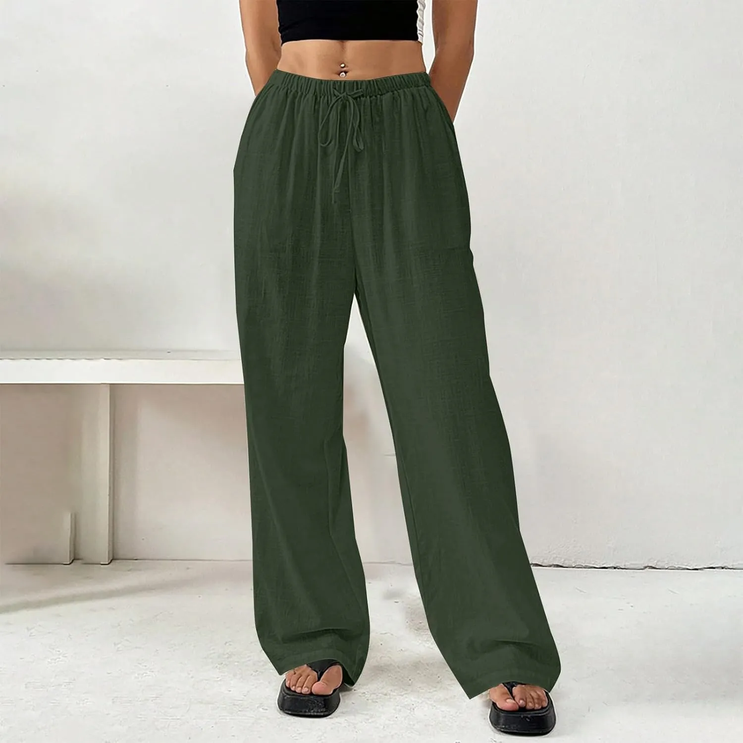 Womens Summer Gauze Pants Drawstring Waist Flowy Wide Leg Beach Trousers Loose Cotton Linen Palazzo Pant with Pockets